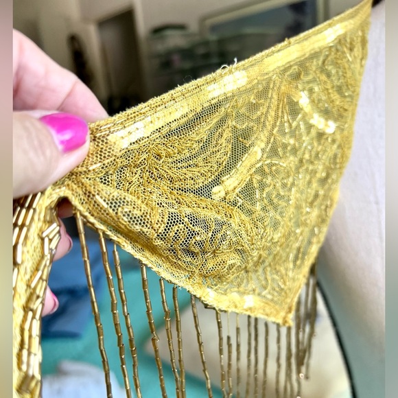 Vintage Heavily Beaded Sequined Lace Gold Tone Frilly Shrug Wrap - Picture 14 of 15